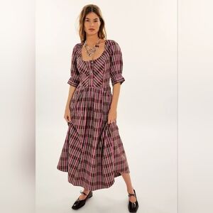 Free People Tulie plaid pink brown cotton midi dress size L